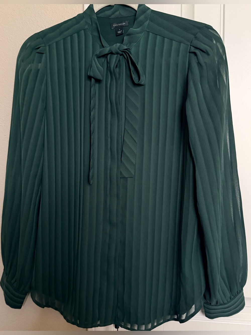 Ann Taylor Dark Green Tonal Stripe Tie-Neck Blouse